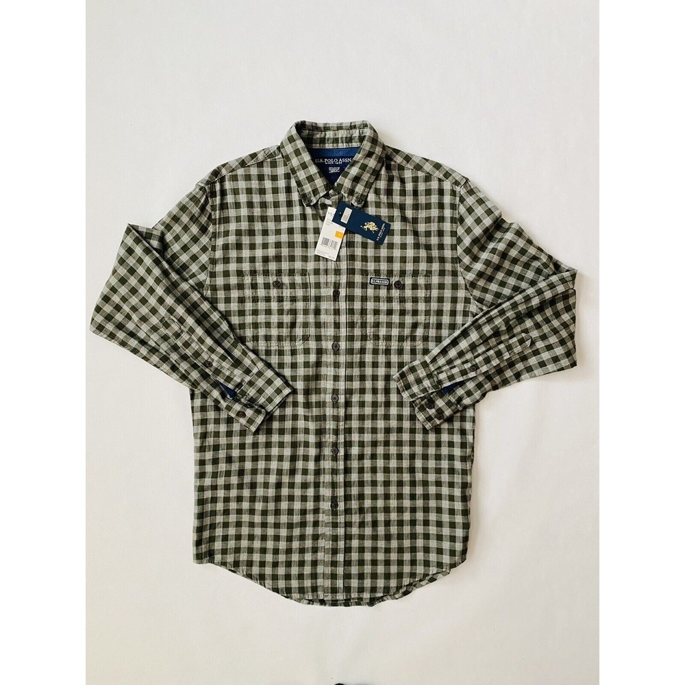 Men's NWT US Polo Assn Small Green Plaid 100% Cotton Long Sleeve Button Down
